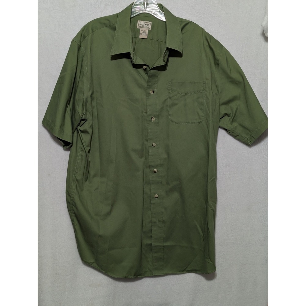 LL Bean Mens Large Tall Olive Green Short Sleeve Button Down Wrinkle Resistant